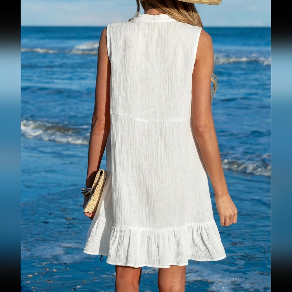 Cupshe Woman's Swimsuit Ruffle Hem Mini Cover Up Beach Dress ~ White - Picture 2 of 16